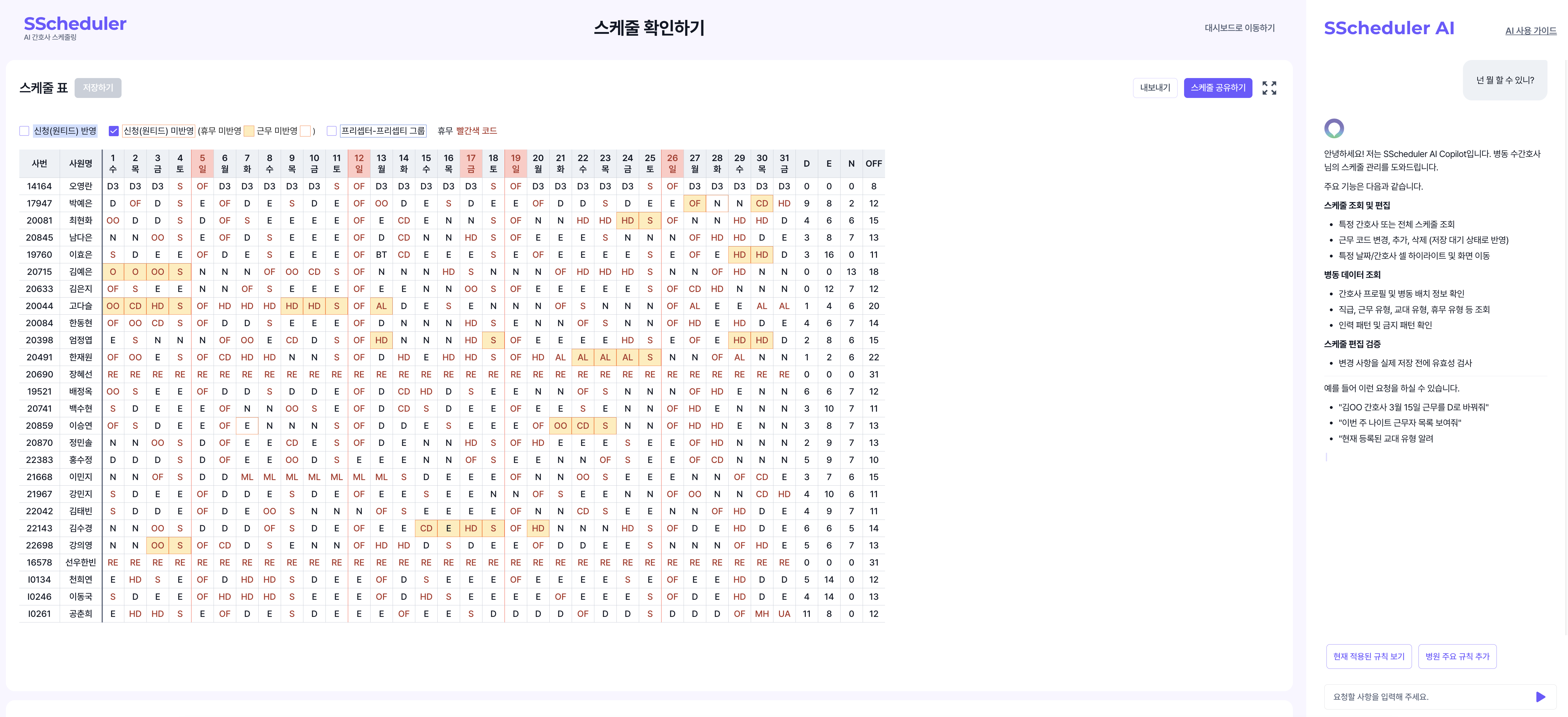 SScheduler AI 어시스턴트 — 스케줄 분석 및 최적화 실행 화면