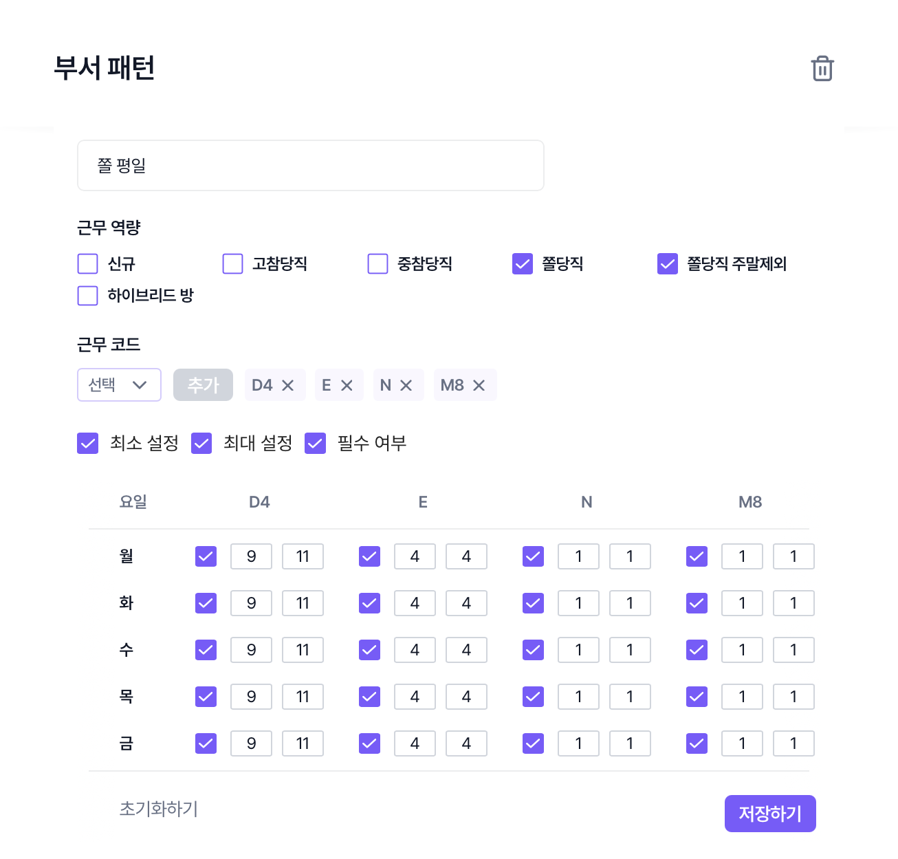 쫄당직 평일 패턴 예시